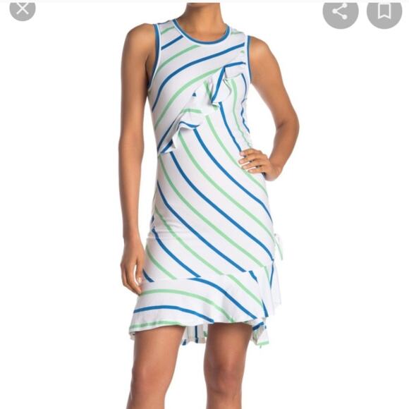 Parker Dresses & Skirts - NEW Parker Bodycon Stripe Ruffle Dress White Blue Green Large